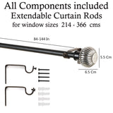 Metal Ribbed Finial Extendable Curtain Rod Black 19MM (Hardware Included)