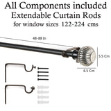 Metal Ribbed Finial Extendable Curtain Rod Black 19MM (Hardware Included)