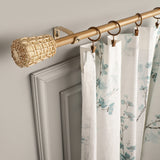 White Distressed Cane Wrap Finial Extendable Single Curtain Rod Beige 19MM (Hardware Included)