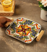 Ceramic with wooden handle Bloom Platter- Blue