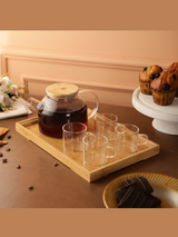 Wooden and Glass Contemporary Tea- Set Of 4 Cups And 1 Kettle With Tray