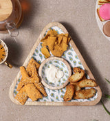Wooden Triangular Dip Bowl Platter-White Peacock Feather