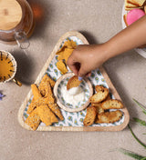Wooden Triangular Dip Bowl Platter-White Peacock Feather