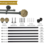 Jute Spool Finial Extendable Double Curtain Rod Black 19MM (Hardware Included)