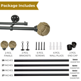 Jute Spool Finial Extendable Double Curtain Rod Black 19MM (Hardware Included)
