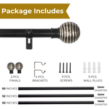 Engraved Metal Finial Extendable Curtain Rod Black 19MM (Hardware Included)