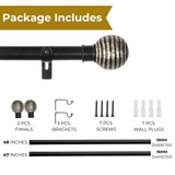 Engraved Metal Finial Extendable Curtain Rod Black 19MM (Hardware Included)