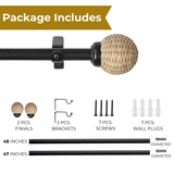Wicker Weave Finial Extendable Curtain Rod Black 19MM (Hardware Included)