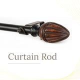Brown Tusky Wood Finial Extendable Curtain Rod Black 19MM (Hardware Included)