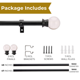 Glass Ball Finial Extendable Curtain Rod Black 19MM (Hardware Included)