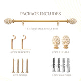 Distressed White Carved Wood Finial Extendable Curtain Rod Gold 19MM (Hardware Included)