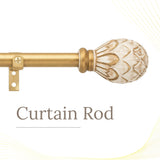 Distressed White Carved Wood Finial Extendable Curtain Rod Gold 19MM (Hardware Included)