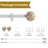 White Distressed Wooden Finial Extendable Single Curtain Rod White 19MM (Hardware Included)