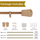 White Distressed Cane Wrap Finial Extendable Single Curtain Rod Beige 19MM (Hardware Included)