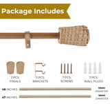 White Distressed Cane Wrap Finial Extendable Single Curtain Rod Beige 19MM (Hardware Included)