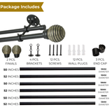 Engraved Metal Finial Extendable Double Curtain Rod Black 19MM (Hardware Included)