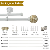 White Distressed Wooden Finial Extendable Single Double Curtain Rod White 19MM (Hardware Included)