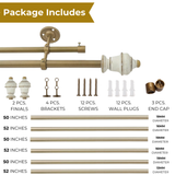 White Distressed Vintage Wooden Finial Extendable Single Double Curtain Rod Golden 19MM (Hardware Included)