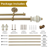 White Distressed Vintage Wooden Finial Extendable Single Double Curtain Rod Golden 19MM (Hardware Included)
