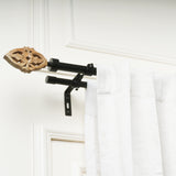 Brown Baroque Wood Finial Extendable Double Curtain Rod Black 19MM (Hardware Included)