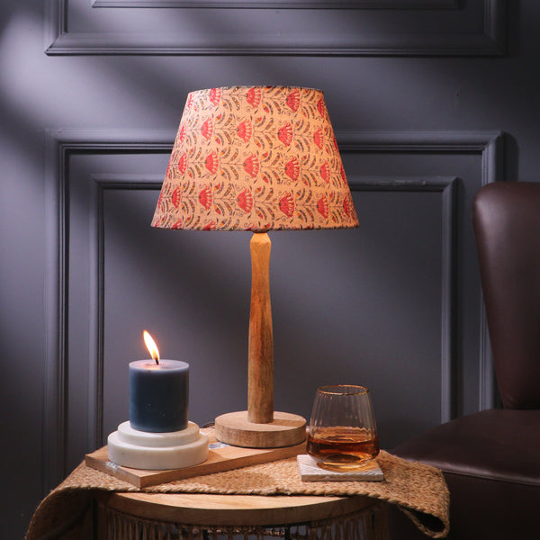 Wooden Pillar Lamp With Red Floral Shade