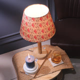 Wooden Pillar Lamp With Red Floral Shade