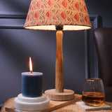 Wooden Pillar Lamp With Red Floral Shade