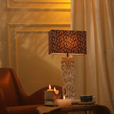 Wooden Carved Lamp With Traditional Black Shade