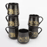 Ceramic Tribal Art Black Mugs Set of 6