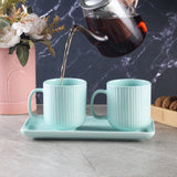 Combed Mug Set with Tray- Aqua (Set of 2)