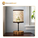 Decorative Wooden Base Table Lamp with Printed Shade – Modern Bedside Light for Home & Office(Bulb Included)