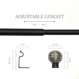 Engraved Metal Finial Extendable Curtain Rod Black 19MM (Hardware Included)