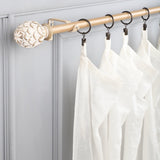 Distressed White Carved Wood Finial Extendable Curtain Rod Gold 19MM (Hardware Included) - The Decor Mart 