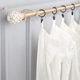 Distressed White Carved Wood Finial Extendable Curtain Rod Gold 19MM (Hardware Included) - The Decor Mart
