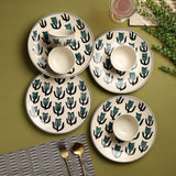 Ceramic Green Tulip dinner Plates with Bowls- Set Of 4 - The Decor Mart