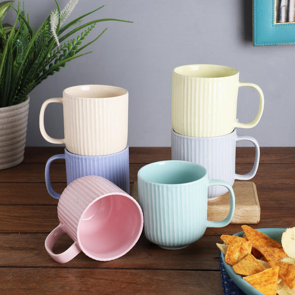 Ceramic Pastel Combed  Ceramic Mugs-   Set of 6 - The Decor Mart 