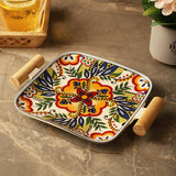 Ceramic with wooden handle Bloom Platter- Blue - The Decor Mart