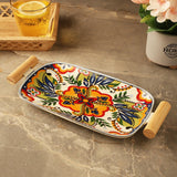 Ceramic with wooden handle Bloom Platter- Red - The Decor Mart