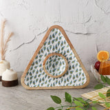 Wooden Triangular Dip Bowl Platter-White Peacock Feather - The Decor Mart