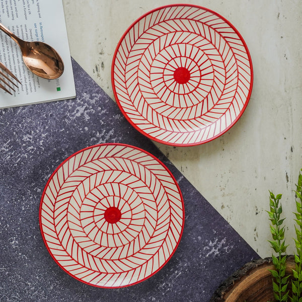 Red Illustrated Ceramic Dinner Plate- Set of 2
