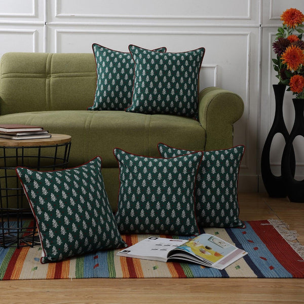 Cotton Two Way Printed Cushion Cover- Green (Set of 5) - The Decor Mart 