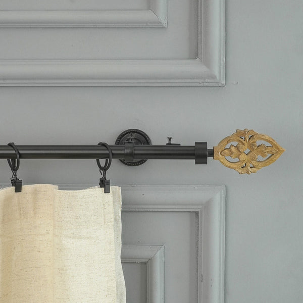 Brown Baroque Wood Finial Extendable Double Curtain Rod Black 25MM (Hardware Included) - The Decor Mart 
