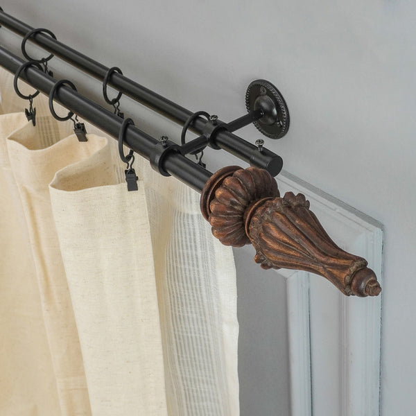 Regalia Wooden Finial Extendable Double Curtain Rod Black 19MM (Hardware Included) - The Decor Mart 