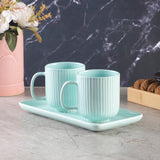 Combed Mug Set with Tray- Aqua (Set of 2)