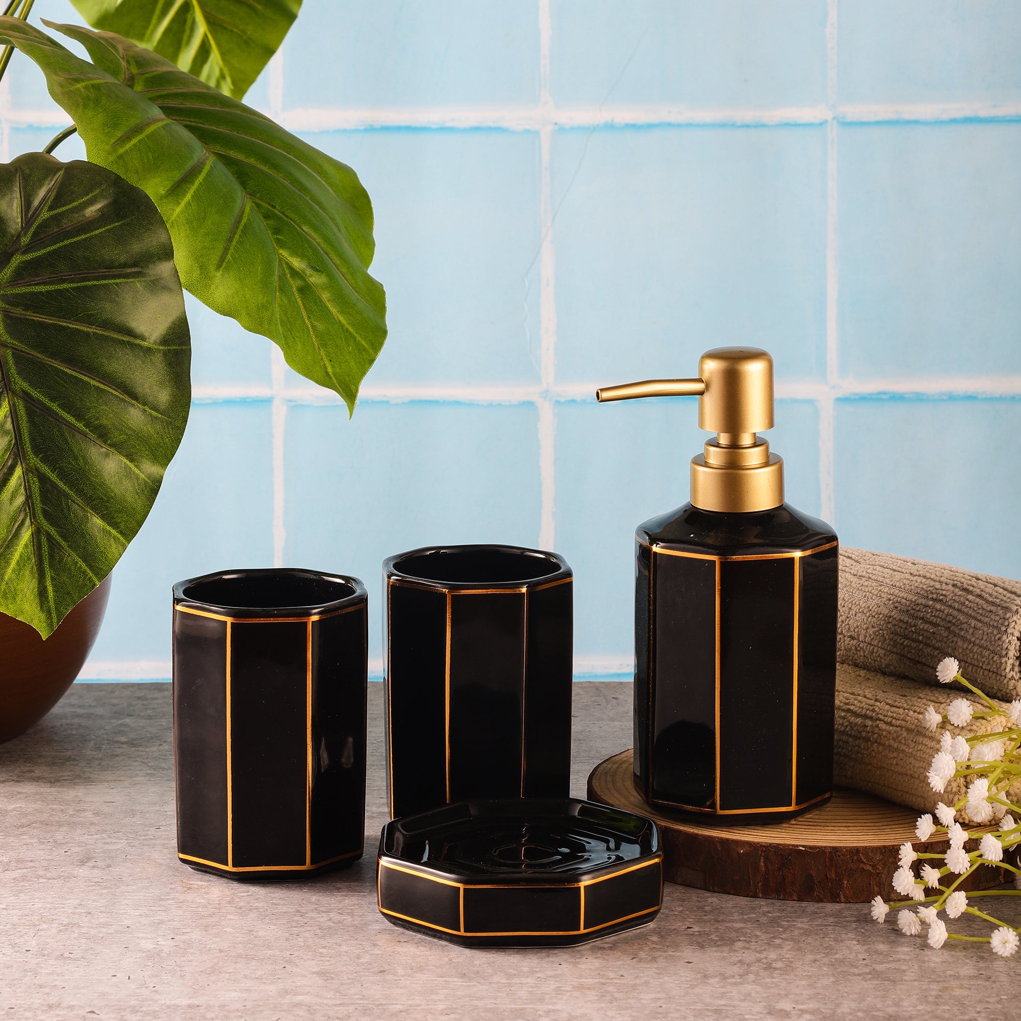Ceramic Hex Bath Accessory Set Black The Decor Mart