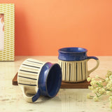 Black Striped Big Ceramic Cups- Set of 2 (Blue)