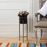 Metal Planter With Wooden Stand Antique Gold Black Planter- S - The Decor Mart