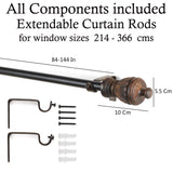 Carved Brown Wood Finial Extendable Curtain Rod Black 19MM (Hardware Included)