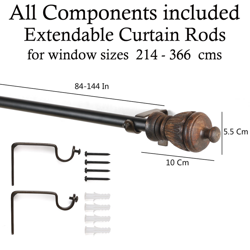 Carved Brown Wood Finial Extendable Curtain Rod Black 19MM (Hardware Included)