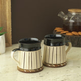 Black Striped Large Ceramic Mug- Set of 2 (Black)